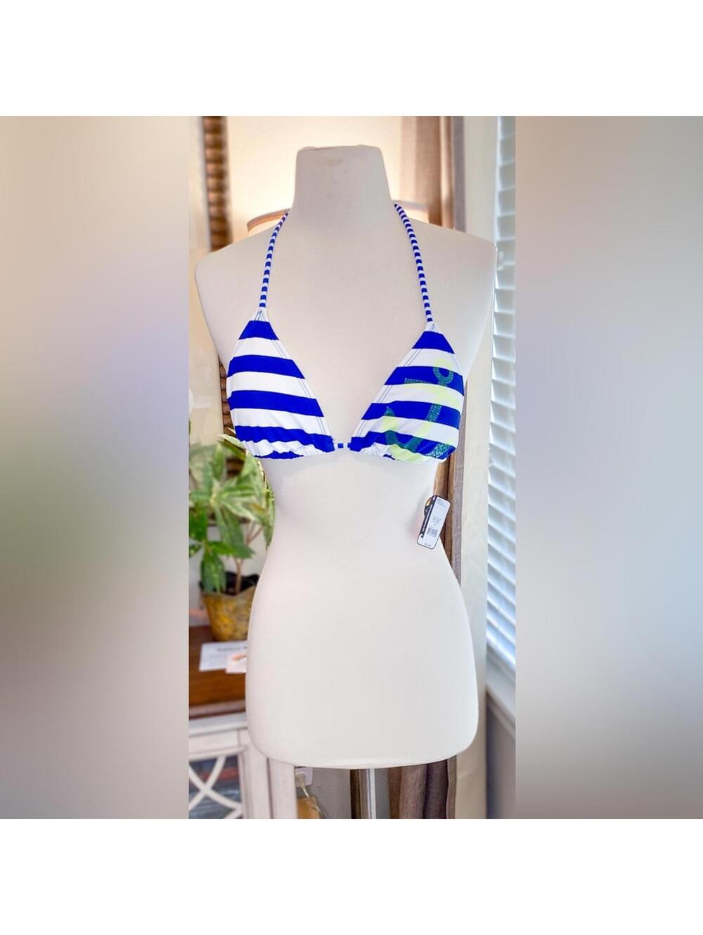 O'Rageous Bikini Top M Blue White Striped Triangle Anchor NWT